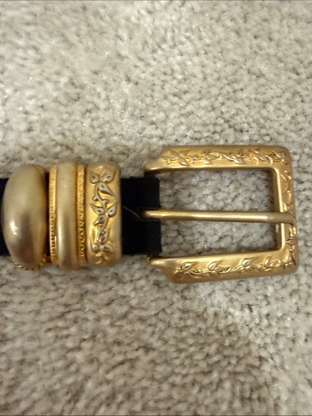 Express Black Leather Belt with Embossed Gold Buckle